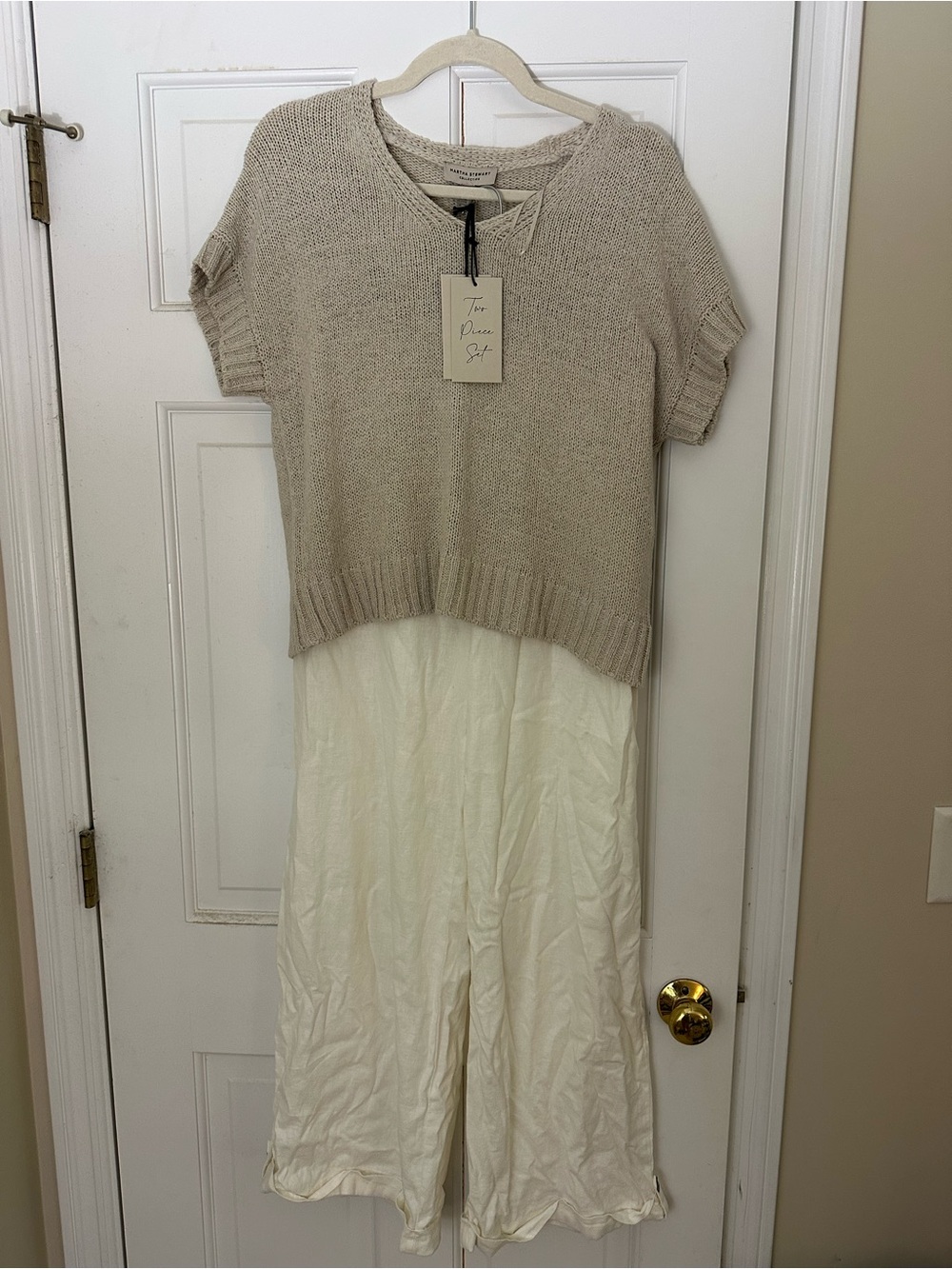 Two Piece Set Beige Knit Top & Cream Set